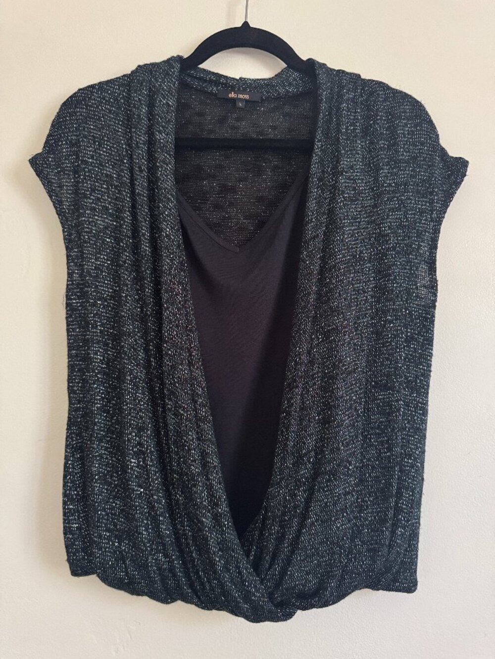 Ella Moss Faux Wrap Top with Built-in Cami, Black & Silver, Size Large